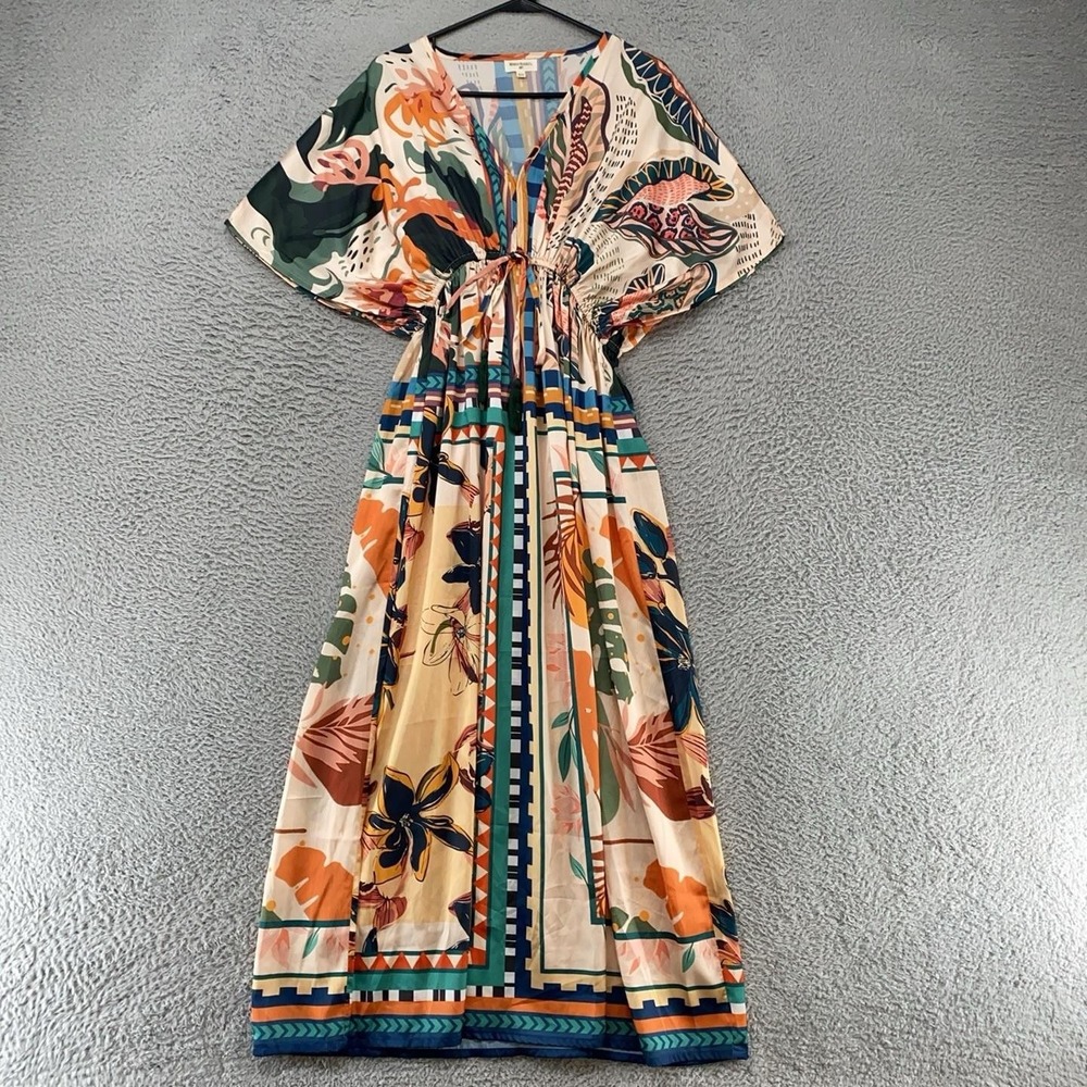 World Market Kaftan Maxi Dress Womens S/M Tropical Floral Tassel Boho V Neck